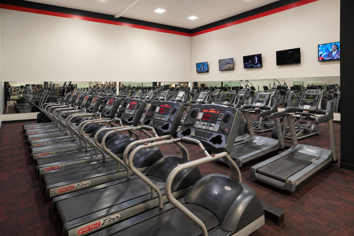 Row of treadmills and cardio machines at Everybody Fitness Centerville, what to expect at the gym for beginners in Centerville.